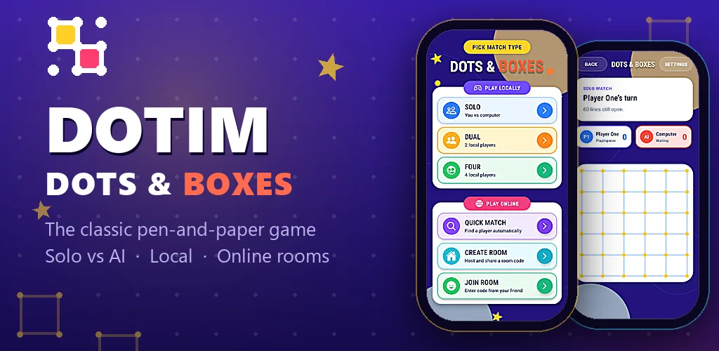 Dotim — the classic dots-and-boxes game: solo vs AI, local play and online rooms