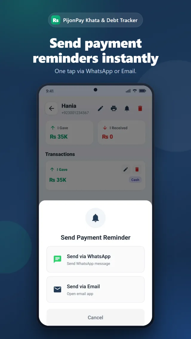 PijonPay payment reminder options for WhatsApp and email