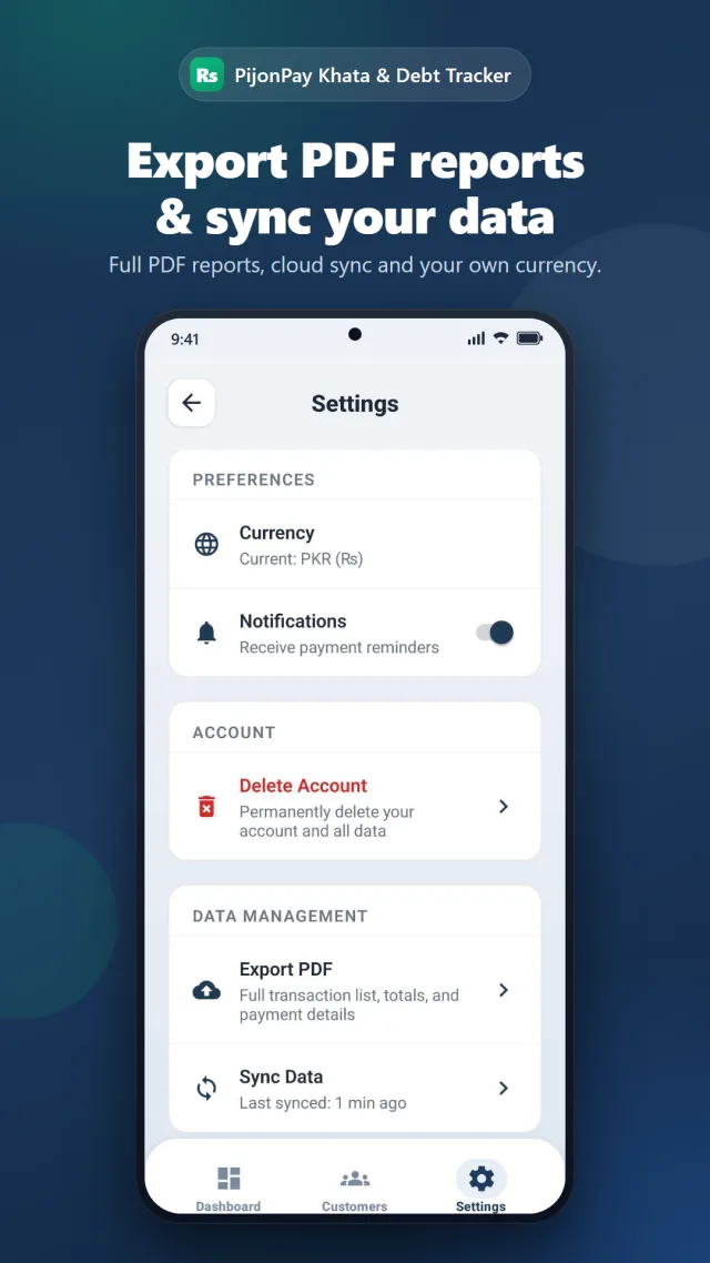 PijonPay settings screen with PDF export, data sync, currency and notification options